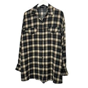 PrettyLittleThing Brown & Tan Plaid Long Sleeve Oversize Button-Up Top Sz 8